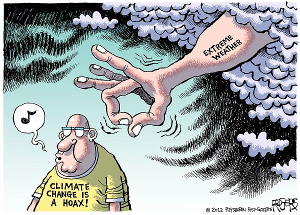 Vignetta satirica in cui un uomo che indossa una maglietta con una scritta contro i cambiamenti climatici sta per ricevere una "schicchera" da un'entità gigante nascosta tra le nuvole