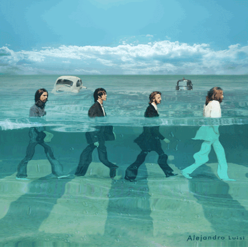 La famosa immagine dei Beatles che attraversano Abbey Road a Londra, ma sommersi da 1 metro d'acqua